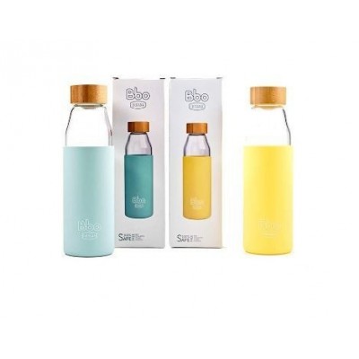 botella bbo18 irisana borosilicato con silicona azul y tapon de bambu 500ml