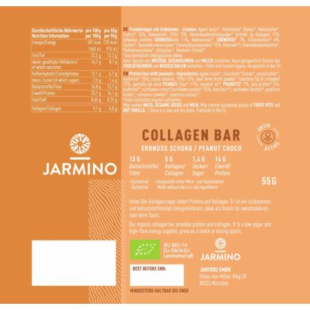 Barrita de Colageno Cacahuetes y Cacao BIO 12x55g Jarmino